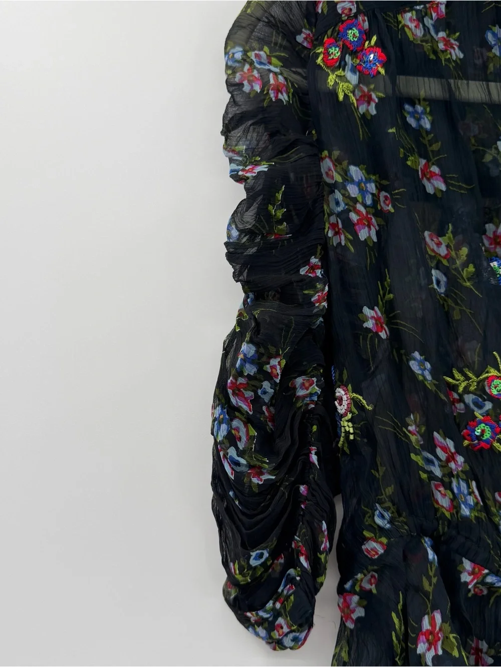 Free People Sheer Black Floral Tie-Neck Blouse beaded and embroidered size small